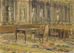 The hall of Mirrors of Versailles prepared for the signature of the Treaty of peace of Versailles, June 28th 1919 by M. Meunier 